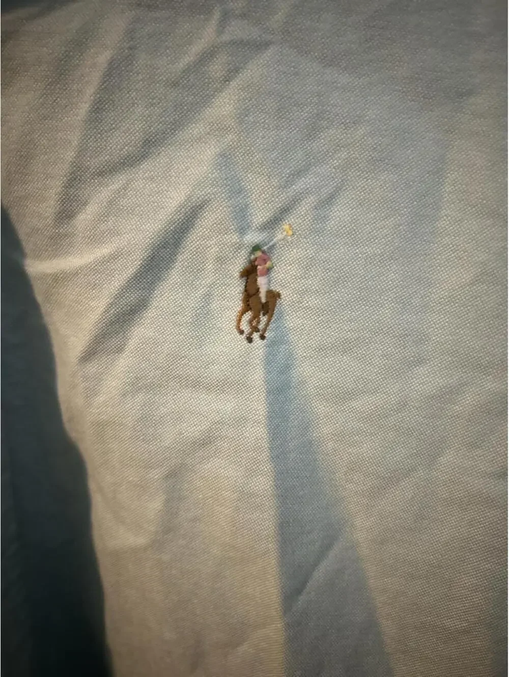 Ralph Lauren blue long sleeve polo w/ multicolor pony logo, custom fit, size XL.